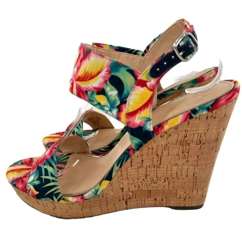 Jessica Simpson Jeisha sandals 10 40 multicolored floral tropical cork wedges
